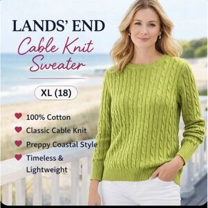 Lands' End Cable Knit Sweater XL 18 Green Cotton Crewneck Classic